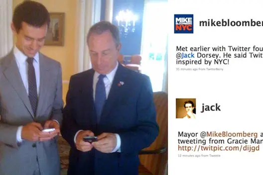Twitter co-founder Jack Dorsey and Mayor Mike Bloomberg, tweeting together in 2009